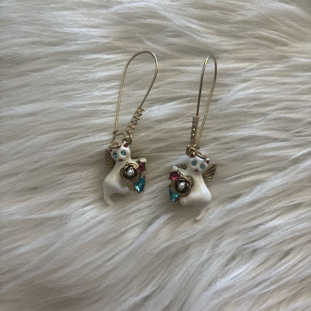 Betsey Johnson White Cat Dangle Earrings with Blue and Pink Accents